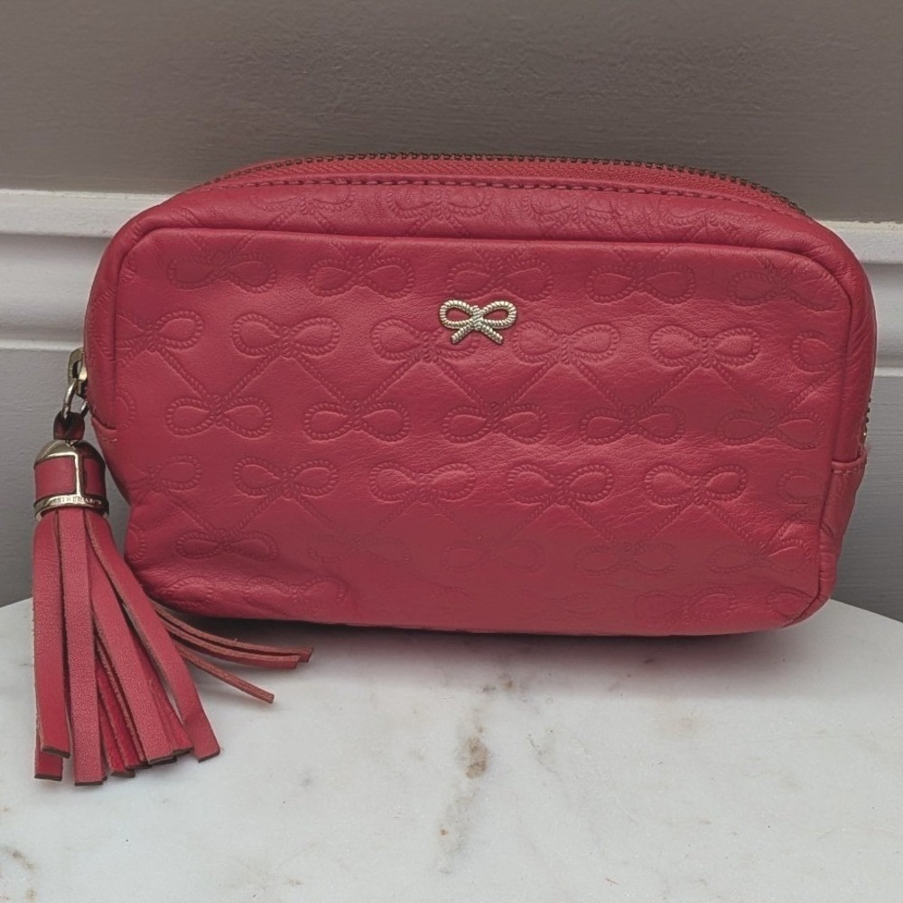 Anya Hindmarch Pink Embossed Bow Leather Cosmetic Makeup Bag Tassel Pouch Clutch - Picture 2 of 6